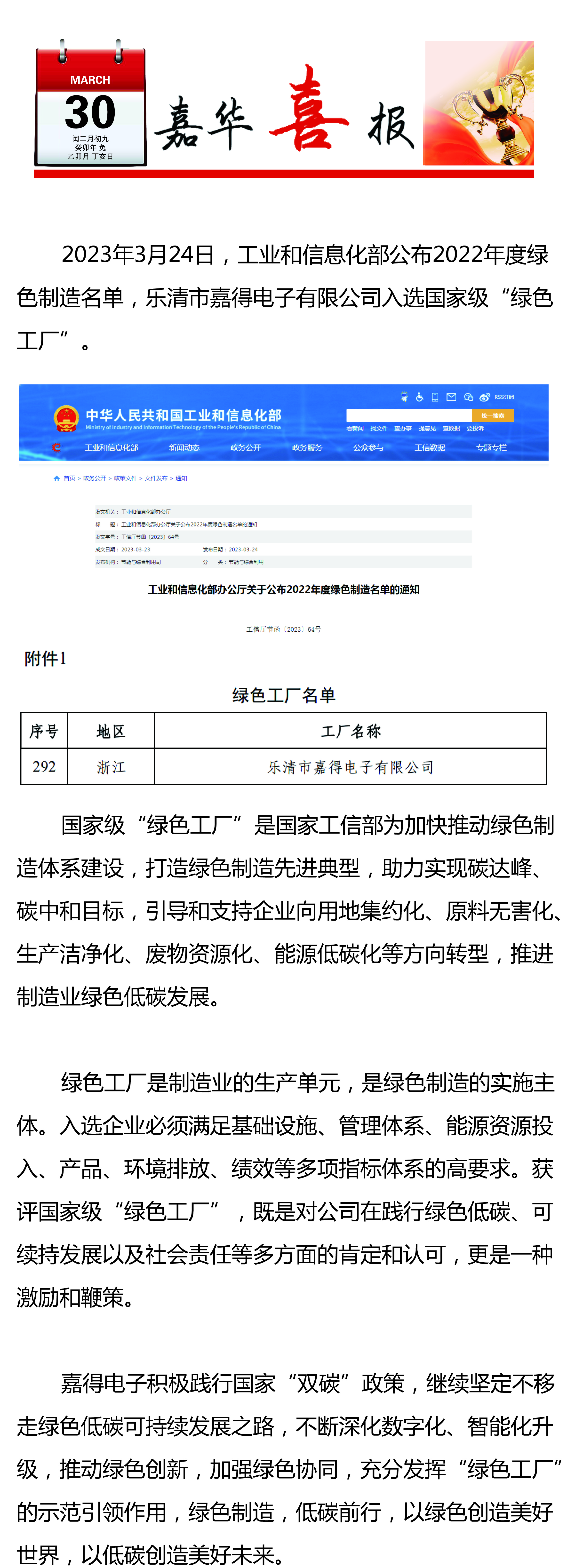 綠色制造 低碳前行/樂清市嘉得電子有限公司入選國家級(jí)“綠色工廠” 